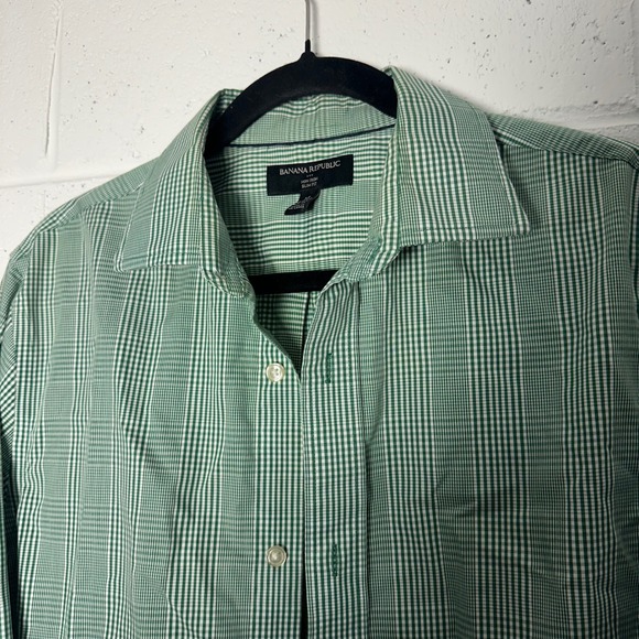 Banana Republic Other - Banana Republic Mens‎ Green White plaid Check Non Iron Slim Dress Shirt M 15.5